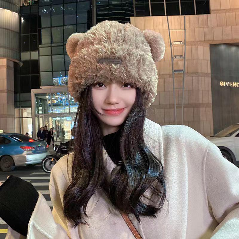 Soft Plush Bear Ear Knit Beanie Women Warm Winter Hat Oversized Fit Cozy Fleece-Lined Cap