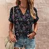 Retro Print Women's T Shirt Classic Floral Tees For Ladies Summer V-Neck Short Sleeve Tops Female Oversized Clothes Daily Blouse