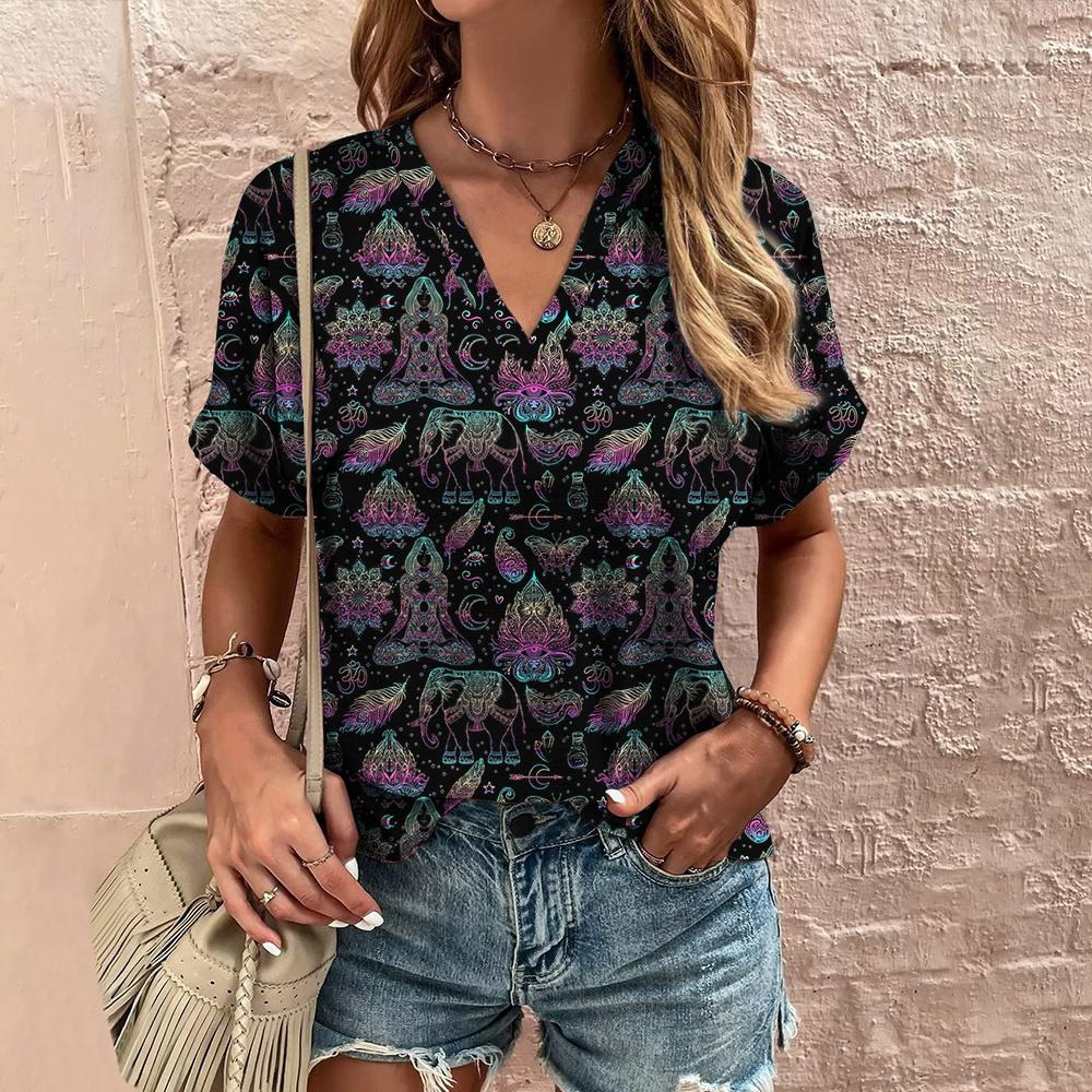 Retro Print Women's T Shirt Classic Floral Tees For Ladies Summer V-Neck Short Sleeve Tops Female Oversized Clothes Daily Blouse