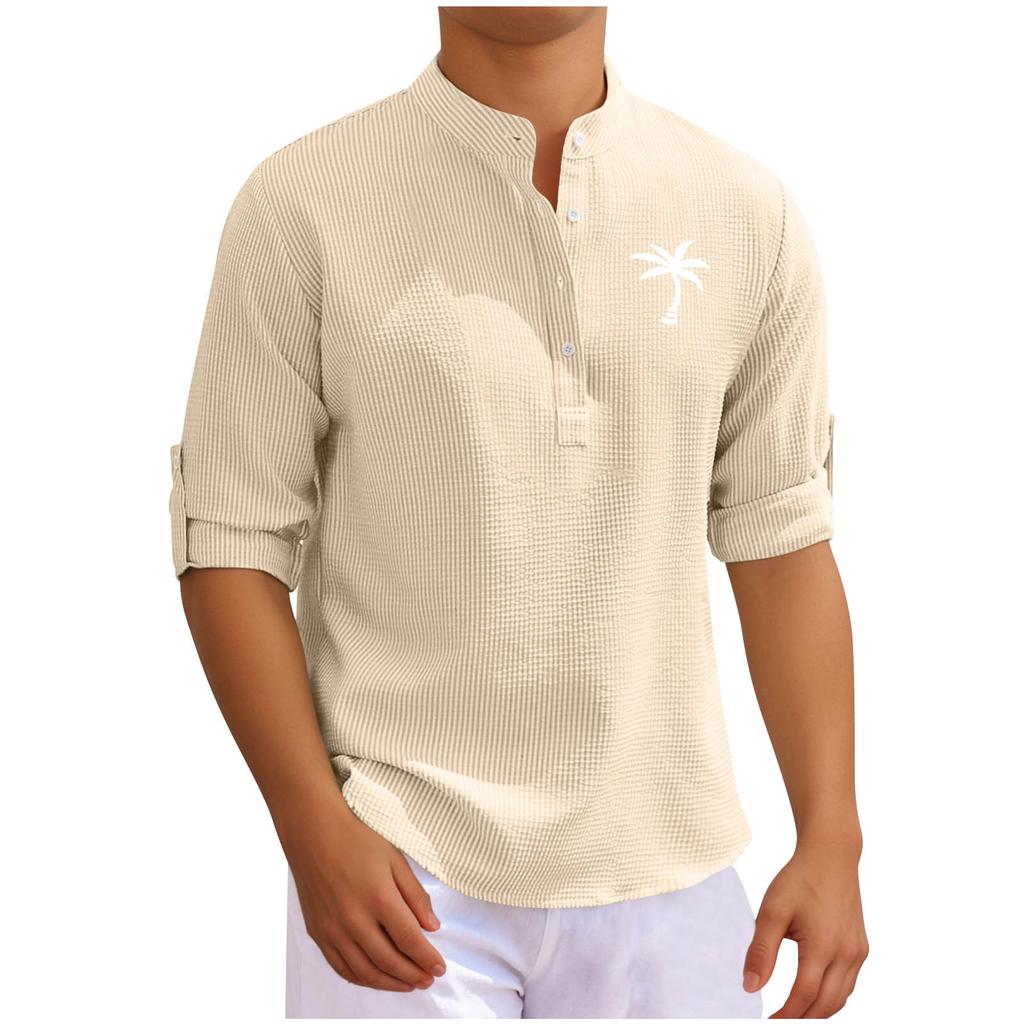 Men's T-shirt Long-sleeved Stand-up Collar Open-button Coconut Printed Shirt Men's Casual Sports Top