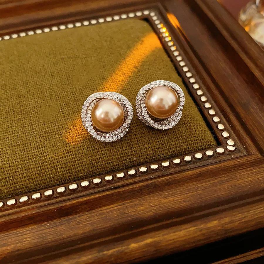 Серьги-пусеты Zircon Vortex Pearl для женщин 2025 Французский ретро Универсальные модные серьги Высококлассный легкий люкс Циркон