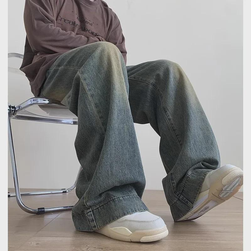 Men's Retro Blue Distressed Wide-Leg Jeans - Cleanfit Straight Style for Spring & Autumn