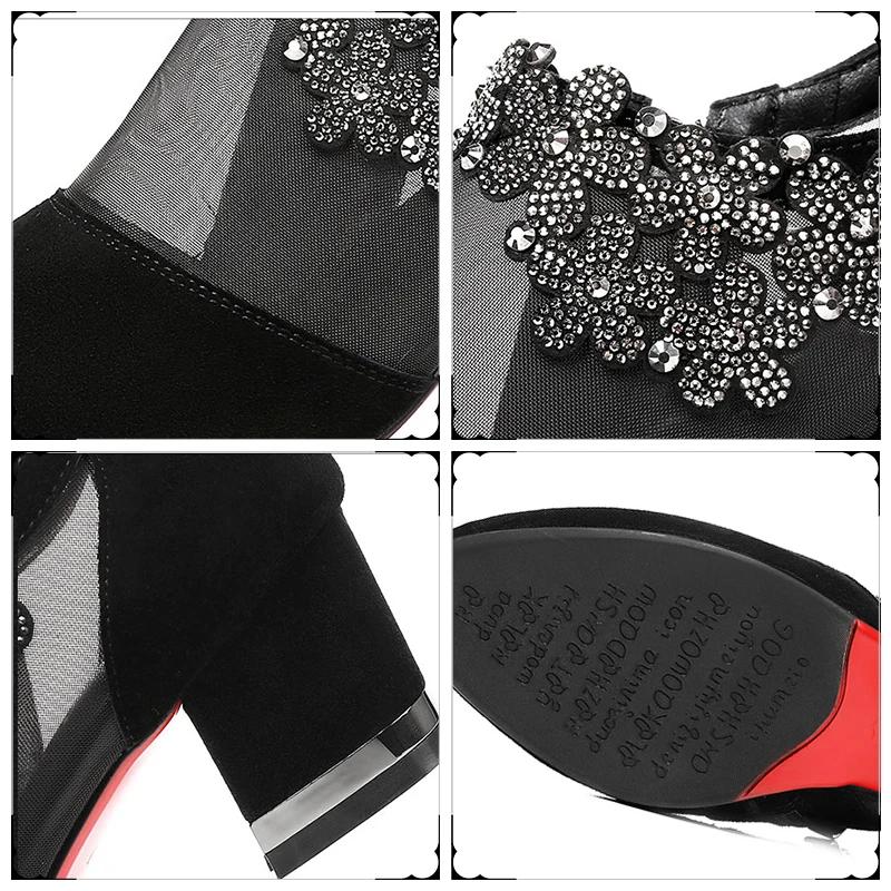 Fashion Women Shoes Sexy Black Hollow Mesh Pointed Heels Female Elegant Flower Shaped Rhinestone Ornament Footwear Ladies 35-43