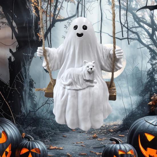 Halloween Swing Ghost Statue Resin Ghost Dog Witch On A Swing Figurine Outdoor Tree Hanging Ornament for Garden Patio Lawn Yard Decor