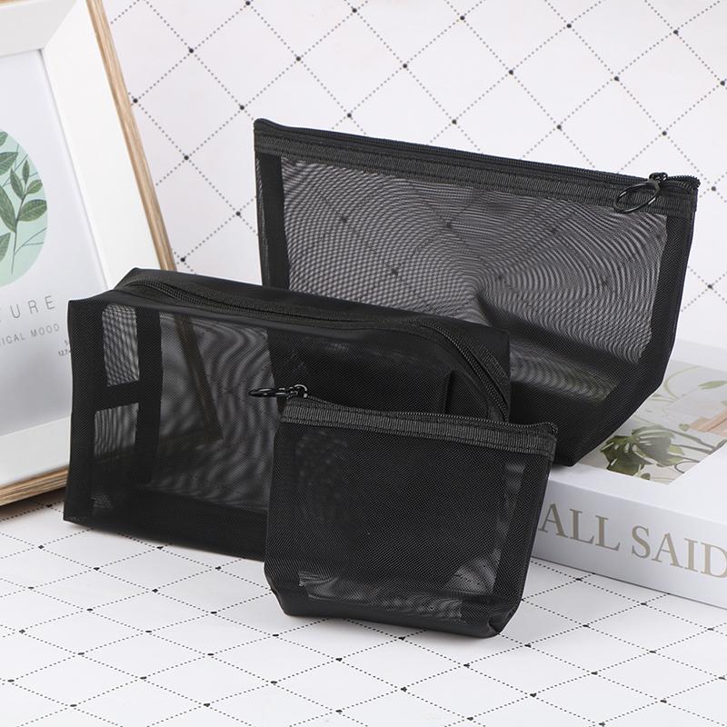 1Pc Black Transparent Mesh Makeup Case Organizer Storage Pouch Casual Zipper Toiletry Wash Bag Make Up Women Travel Cosmetic Bag