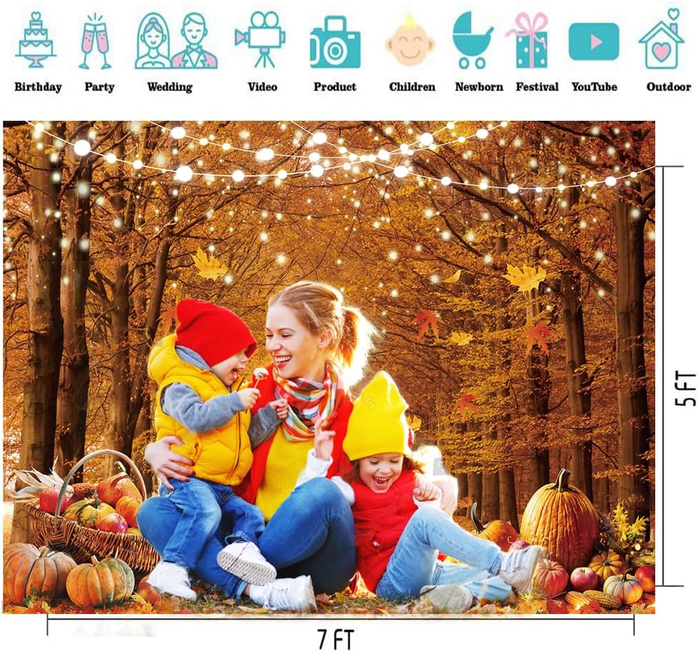 7x5ft Fall Photography Backdrop Autumn Maple Forest Leaves Pumpkin Party Background Thanksgiving Party Supplies Farm Harvest Event Bann