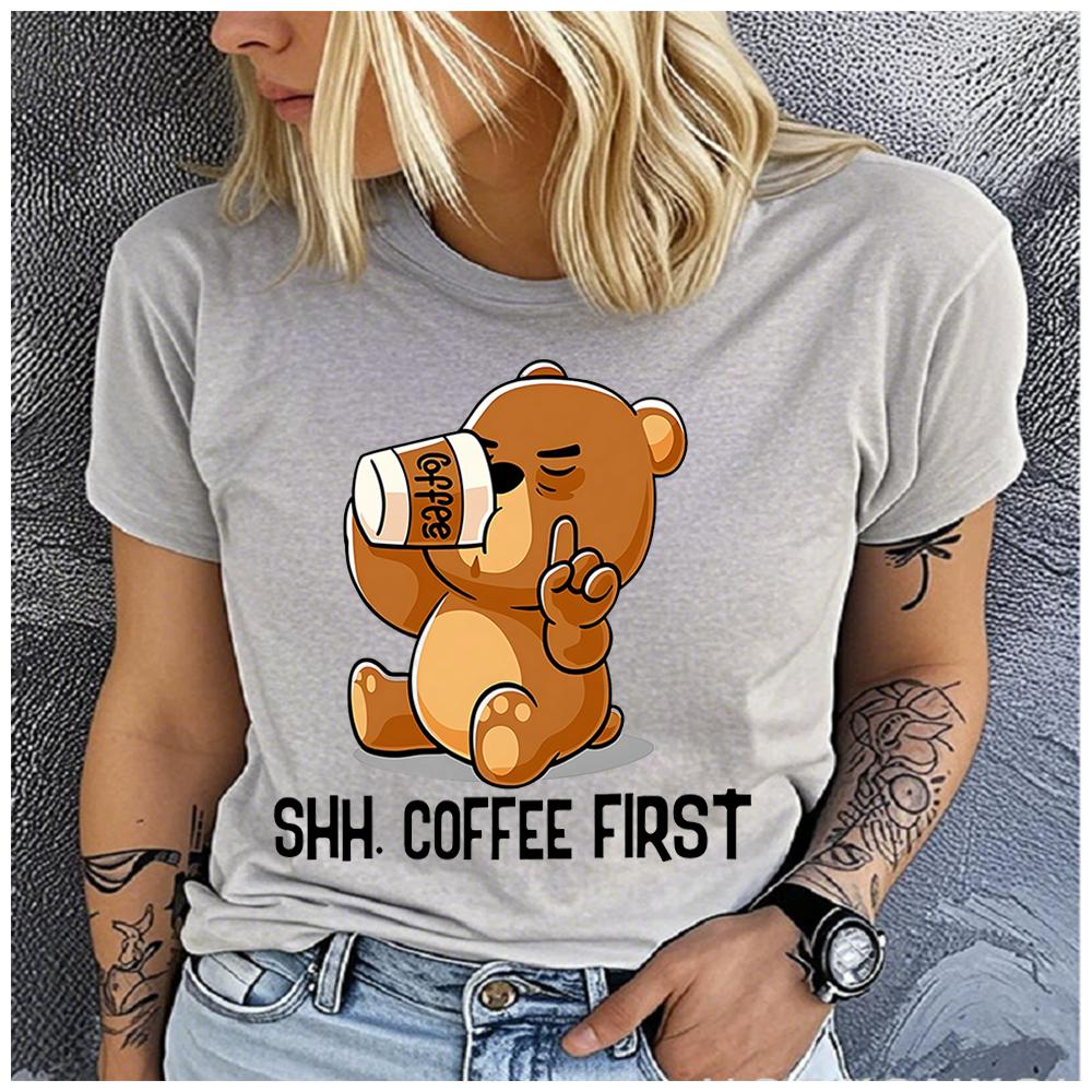 Unisex Casual Short Sleeve T-Shirt, 100% Polyester, Round Neck, Coffee Bear Print, Loose, Fashion, Summer Top