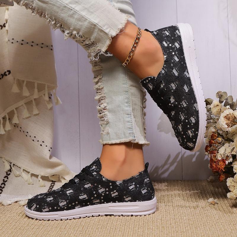 Autumn New Round Head Cloth Sequin Front Lacing Soft Sole Non-slip Low Top Shoes Women's Fashion Flat Shoes