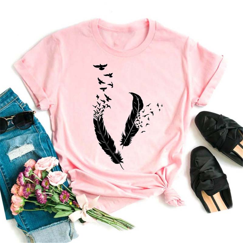 Модная женская футболка с забавным принтом бабочки и пера, футболка, летние топы с коротким рукавом, футболка, женские футболки с перьями