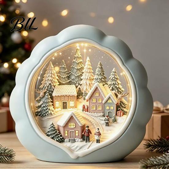 Decorative Church And Sleigh Sets Christmas Wooden Tabletop Decor with Warm LED Lights, 2D Printed Snow Village Scene Light Wood Crafts Santa Reindeer