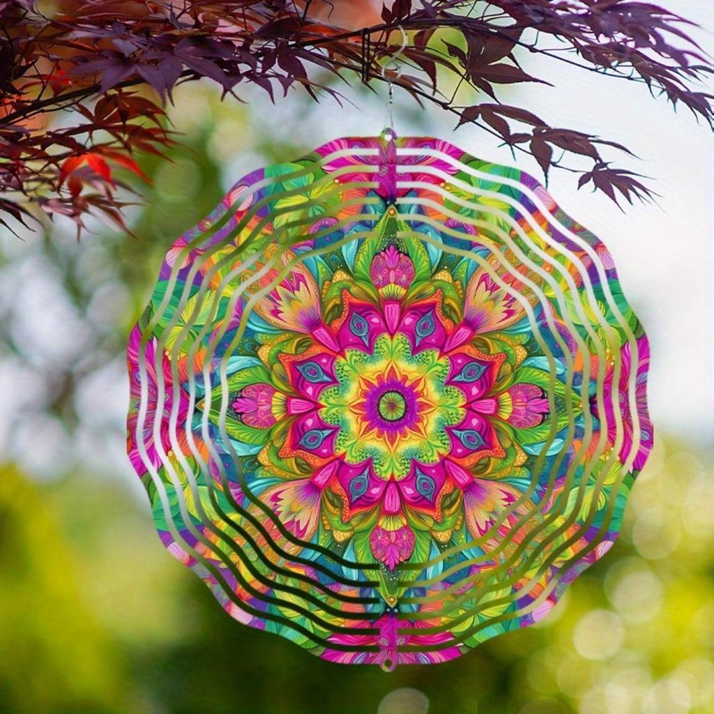 Подвеска-колокольчик с крючком 360 градусов 25,4 см Яркий дизайн мандалы Красочный металлический декор для сада, патио, балкона Все сезоны Прочный уличный декор