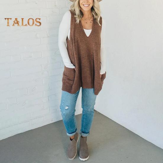 Женский свитер с V-образным вырезом, без рукавов, однотонный вязаный жилет с карманами, ребристая отделка, свободный крой, средняя длина, повседневный трикотаж