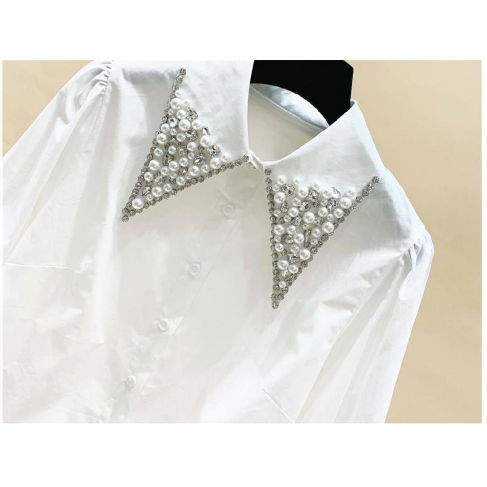 Роскошные вышитые расклешенные брюки Бриллиантовый кукольный воротник Женская весна Новая свободная рубашка с отложным воротником и длинными рукавами однотонная удобная