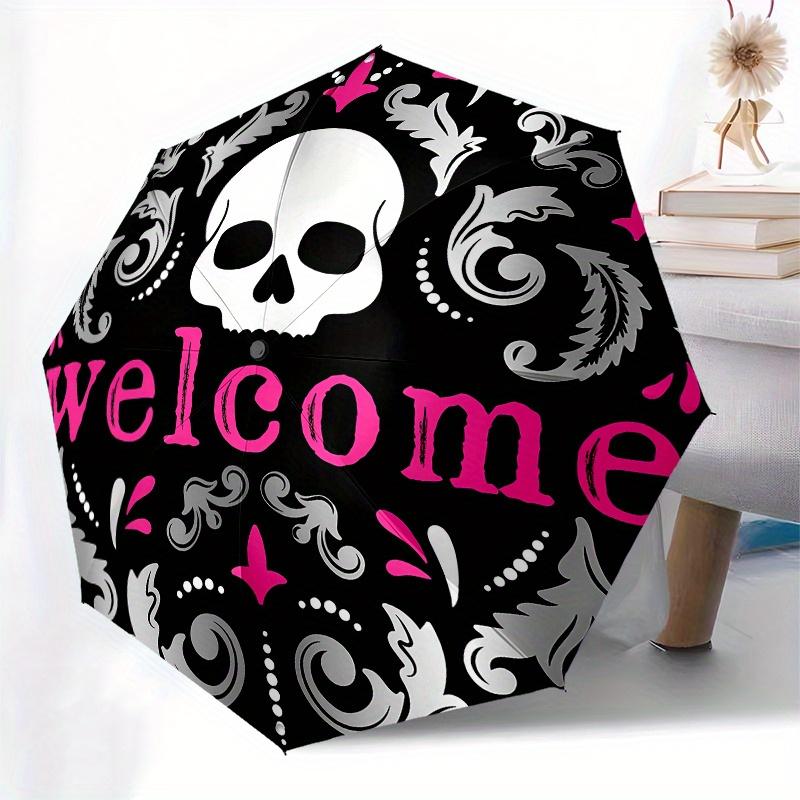 Skull Automatic Folding Umbrella 8 Ribs, Durable Iron Frame, Bright Color Pattern Compact Travel Umbrella, Suitable for Outdoor, Beach and