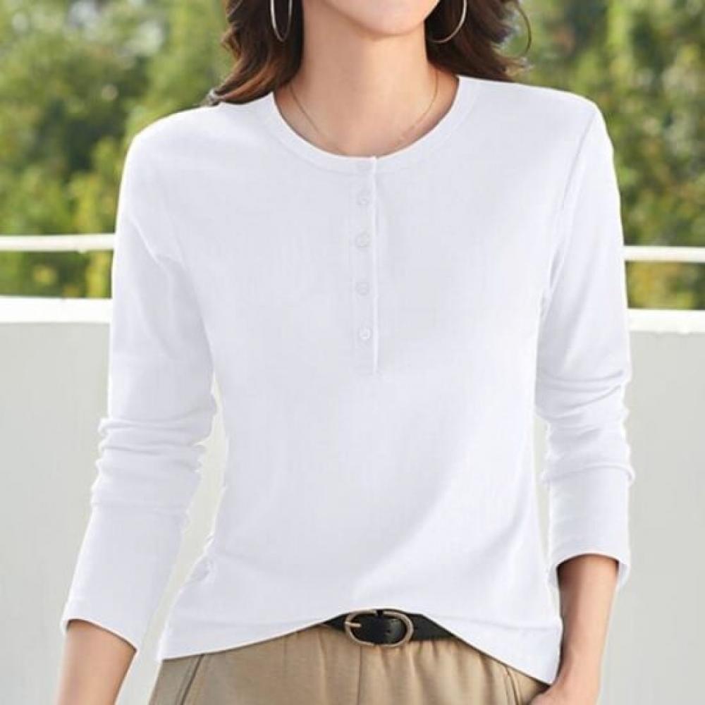 Navava Women Solid Rib BuTTon Round Neck Long Sleeve T shirT nT3194