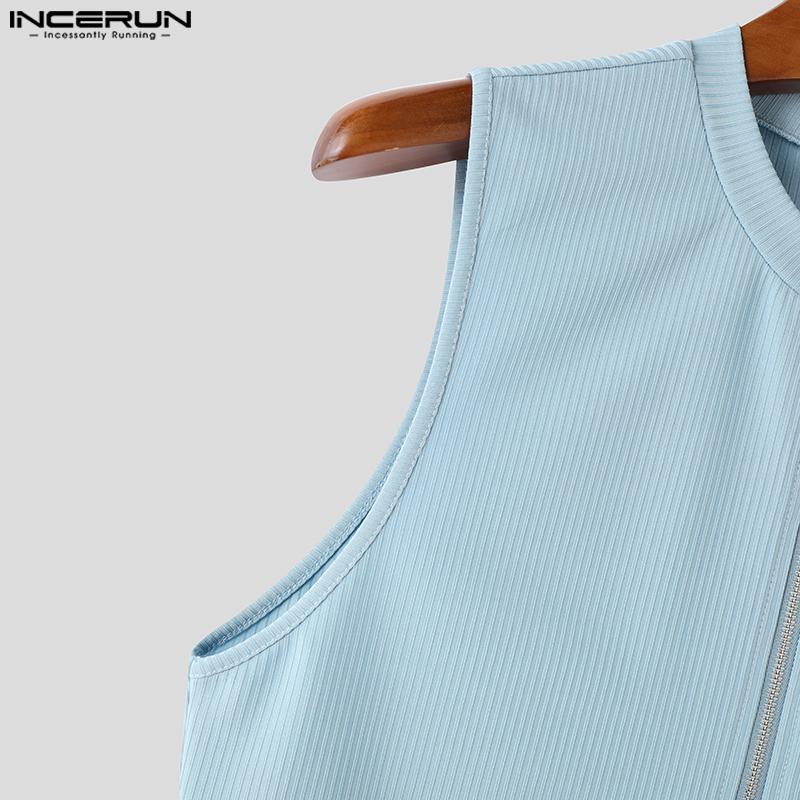 INCERUN Men Summer Sleeveless Rib Zipper Casual Skinny Tank Tops