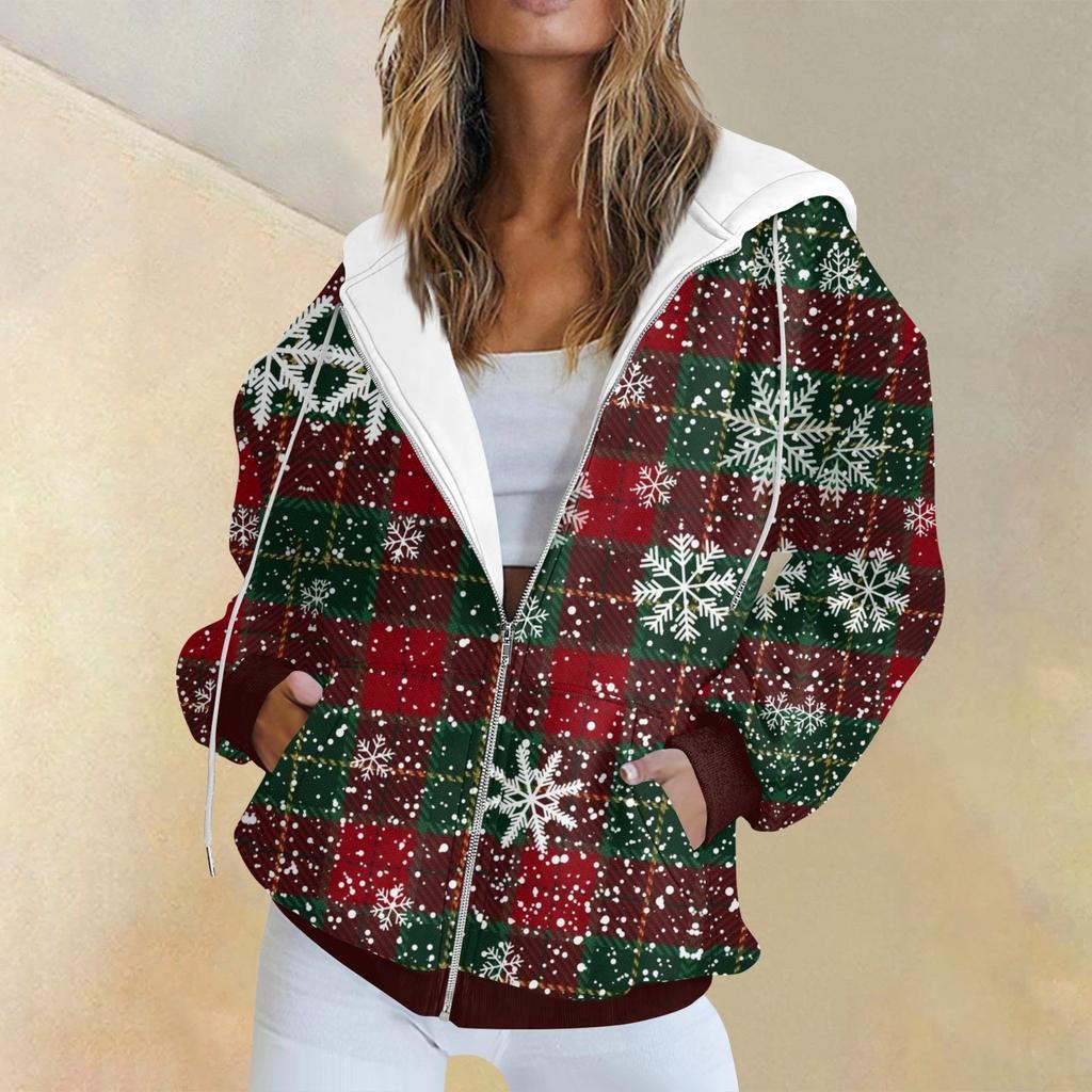 Женская модная повседневная толстовка с рождественским принтом и длинными рукавами, карманная куртка, пальто с капюшоном на молнии