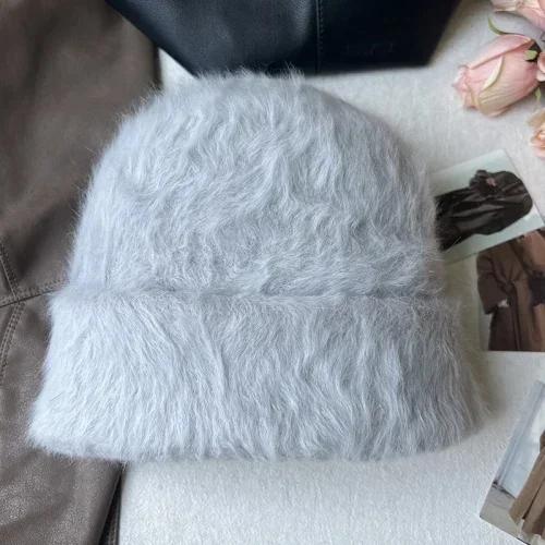 Fashion Rabbit Fur Beanies Women Soft Warm Fluffy Angola Winter Knitted Hat Female Plush Windproof Bonnet Skullies Cap