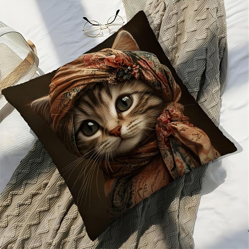 Vintage Art Cat Throw Pillow Cover, Elegant Renaissance Style Tabby Cat With Floral Scarf Decorative Cushion For Couch