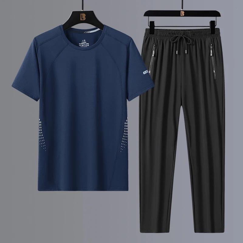 Новая летняя футболка, быстросохнущая ткань, мужские спортивные штаны из ледяного шелка для отдыха, комплект из двух предметов
