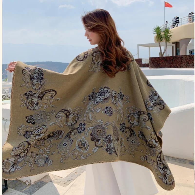 21 Style Big Pendulum Cloak With Hat Arabic Poncho Women Leopard Pocket Shawl Cape Knitted Middle East Split Thick Warm Blanket