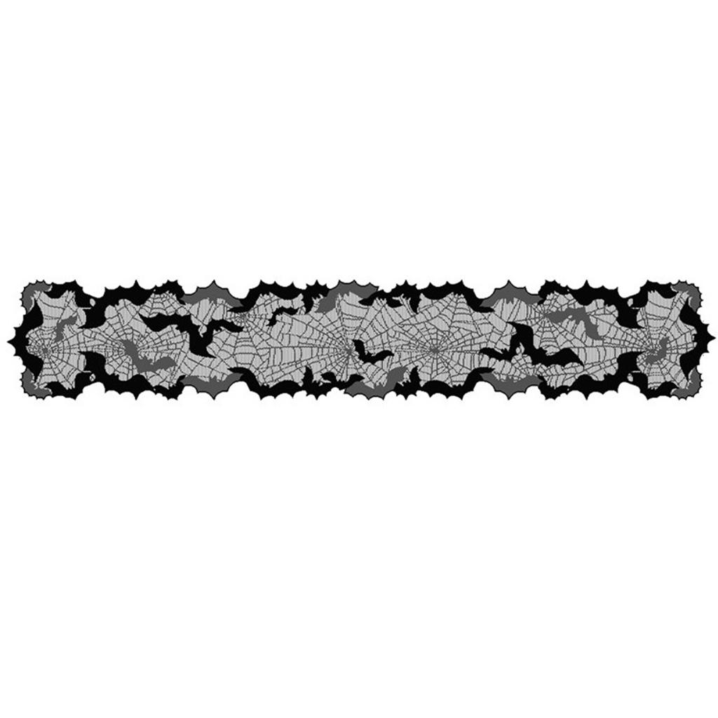 Halloween Table Runner 13x68inch Black Polyester Waterproof Decoration with Spider Web and Bat Design for Dinner Party
