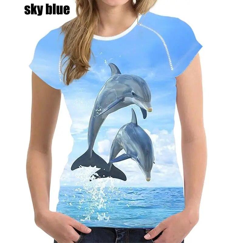 Новые женские модные летние повседневные футболки с короткими рукавами и круглым вырезом с 3d принтом, женские рубашки с дельфинами