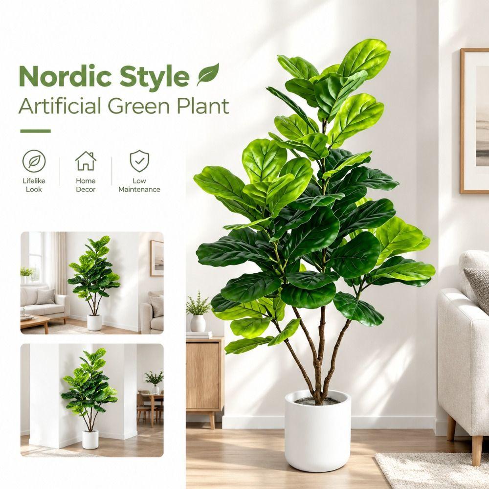 Nordic Style Artificial Green Plant Realistic Touch Faux Fiddle Leaf Fig Plant Home Office