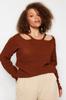 Women's Fashion Stylish Plus Size Sweater Brown Front Window Cut Out Detailed Knitwear Sweater