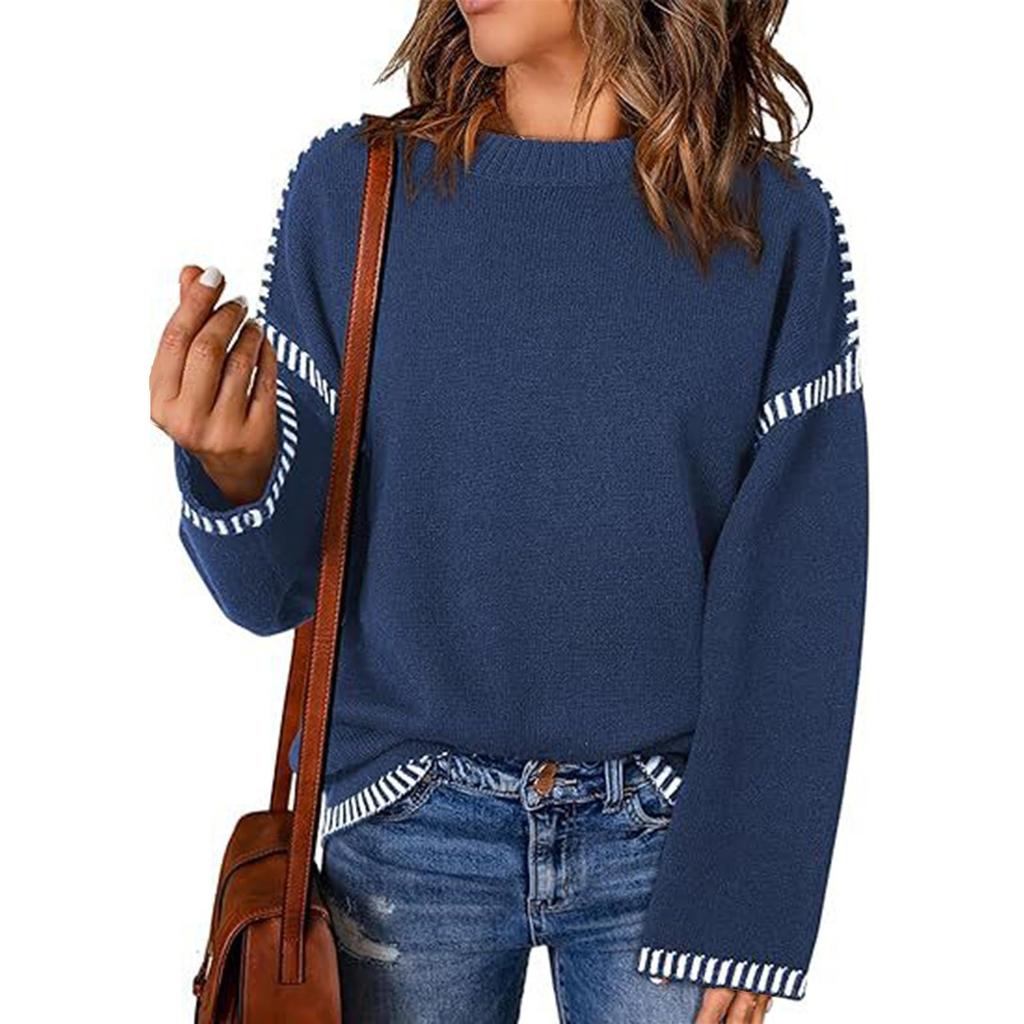 Women's Solid Color Loose Casual Patchwork Knitted Pullover Sweater Round Neck Long Sleeved Sweater Top