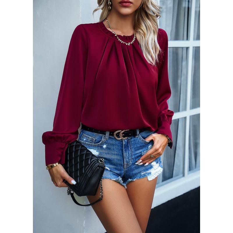 Женские весенне-летние элегантные однотонные блузки с кружевным воротником и длинными рукавами