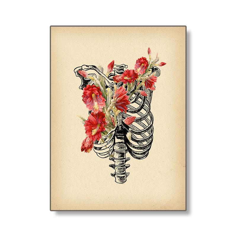 Набор картин на холсте в стиле ретро на тему медицинского образования, изображающий анатомию человека с мышечной системой, черепом и цветочными акцентами для офисного декора