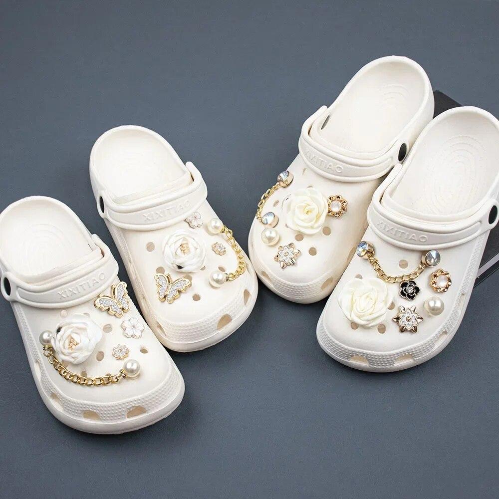 Подвеска для обуви, булавки «сделай сам», белая роза, бабочка, бриллиантовая цепочка, украшение, пряжка для обуви с отверстиями, набор подвесок, аксессуары, подарок для детей для мальчиков и девочек