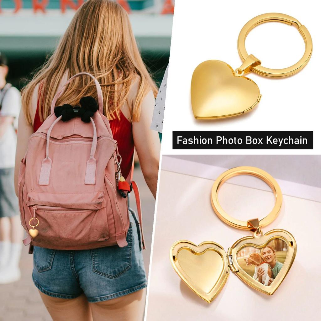 Customization - Carving Stainless Steel Peach Heart Picture Box Pendant, Photo Love Keychain