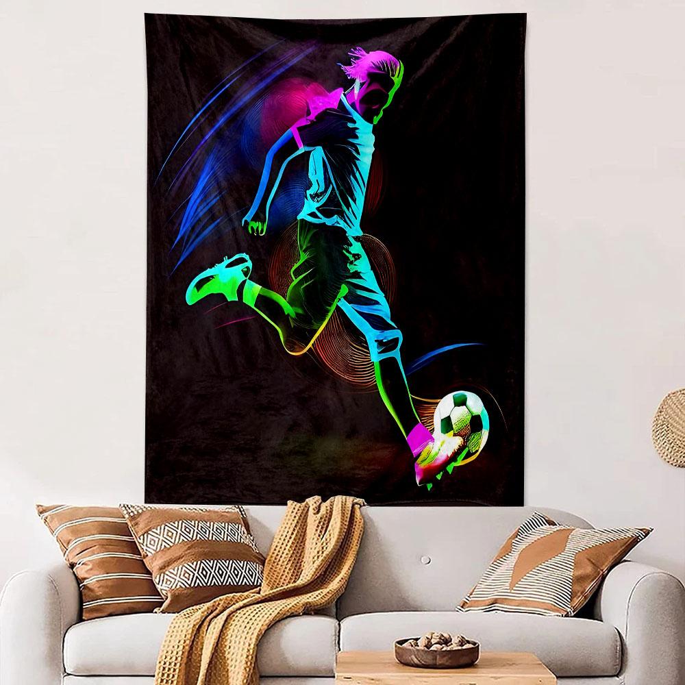 Neon Glowing Soccer Player Kicking Ball Colorful Dark Wall Tapestry Football Sport Art Decor for Boys Bedroom Game Room Gift
