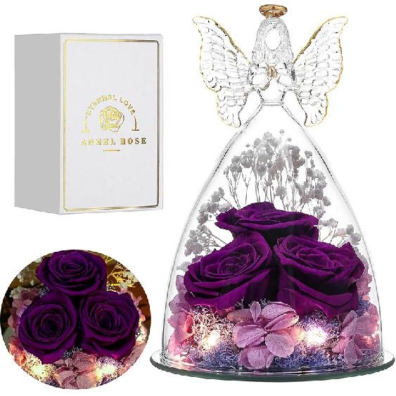Mothers Day Mom Gifts for Women Preserved Flowers in Glass Angel Forever Flowers Gifts Eternal Roses Gifts for Grandma, Light Purple