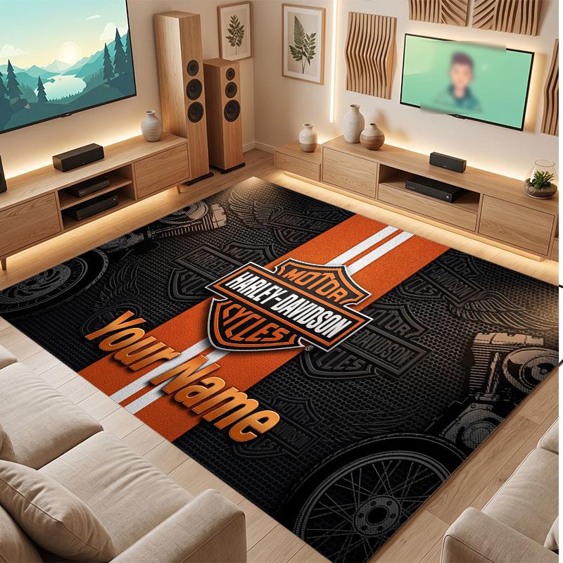 Harley-Davidson Personalized Crystal Velvet Carpet, Customized Name Text Soft Anti‑Slip Rug for Living Room Bedroom