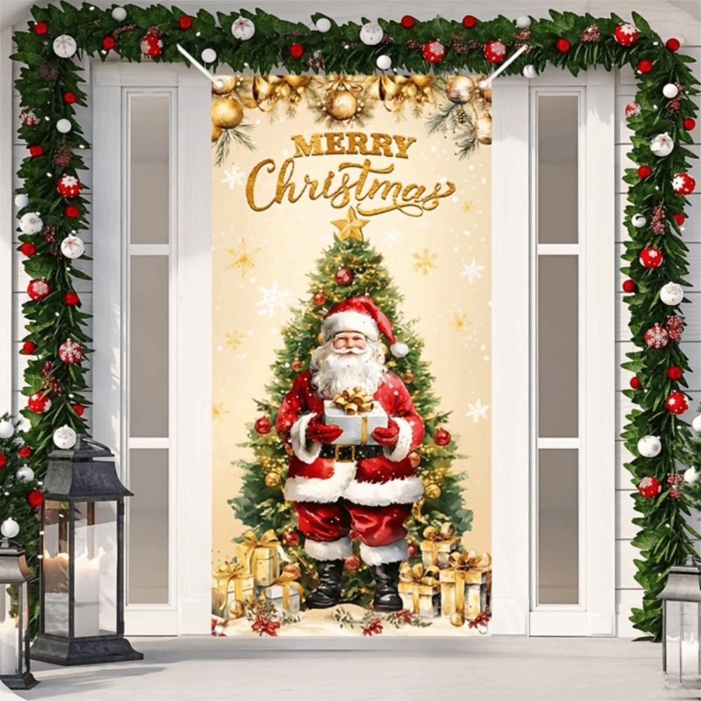 Rectangular Christmas Door Cover Perforated Strap Fastening Xmas Door Curtain Decoration Outdoor