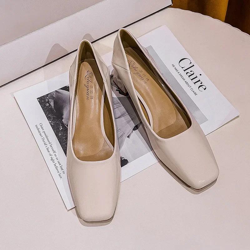 Модные туфли-лодочки из лакированной кожи на толстом каблуке с квадратным носком, весна-осень 2024, средний каблук, черные туфли на высоком каблуке, женская обувь для работы