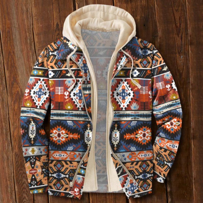 Men's Autumn and Winter Outdoor Casual Retro Ethnic Print Hooded Jacket