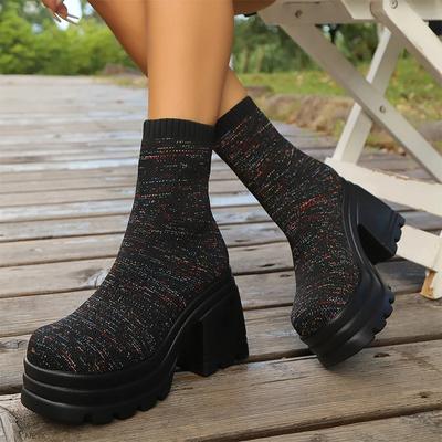 Женские сапоги-носки на высоком каблуке, зимние вязаные туфли на толстой платформе 2024 года, модные прогулочные ботинки «Челси», новые женские сапоги Zapatos