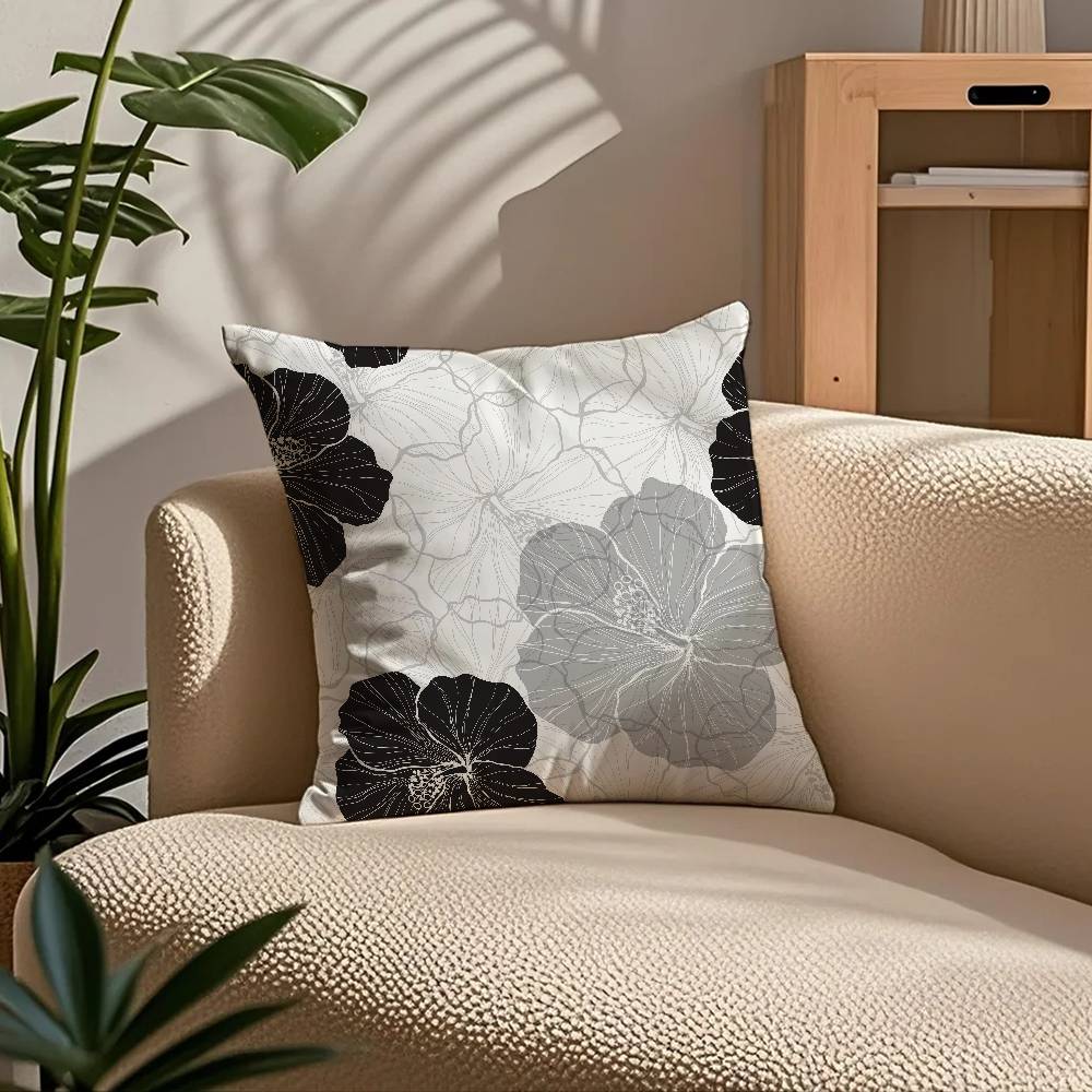 Black And White Plant Pattern Leaves Pillow Case Comfort Sofa Bed Silky Elegant Invisible Zipper Custom Decorative Cushion Cover