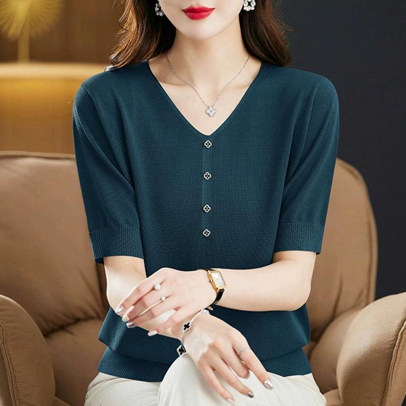 Летняя женская трикотажная футболка Ice Silk с короткими рукавами, летний новый свободный и стильный тонкий трикотажный топ с V-образным вырезом