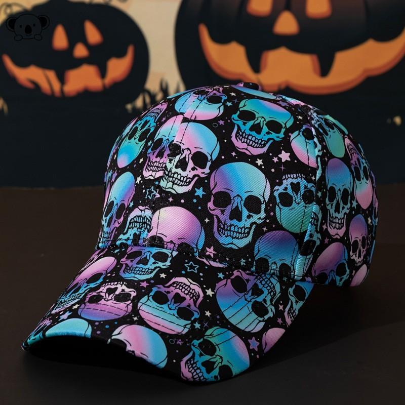 Halloween Skull Embroidered Baseball Cap Unisex Adjustable Wide Brim Flat Top Hat Costume Party Fall Season