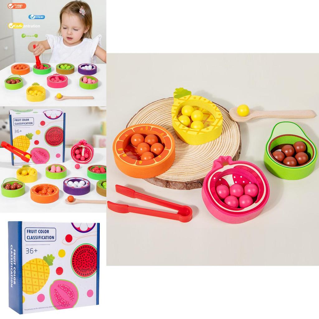 Wooden Childrens Color Classification Toy With Fruit Bead Clips For Cognitive Learning And Handeye Coordination