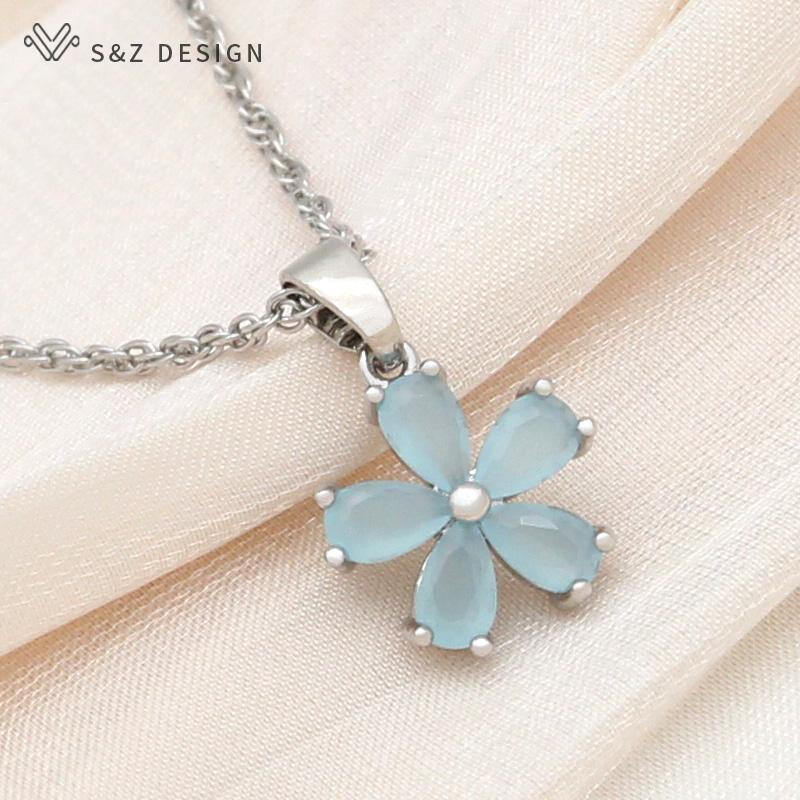 Stylish Rose Gold Color Cute Cubic Zirconia Flower Drop Earrings Jewelry Sets For Women Wedding Elegant Fashion Pendant Necklace