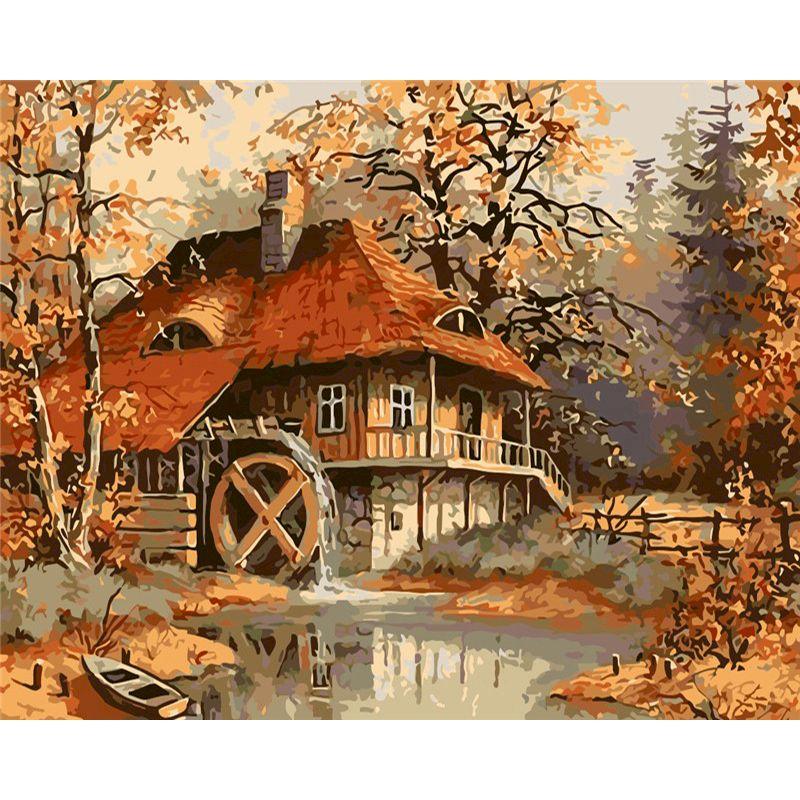 RUOPOTY Цифровая живопись Осенний пейзаж Wall Art Уникальный подарок DIY Рамка Украшение дома Ручная роспись Раскраска Гостиная