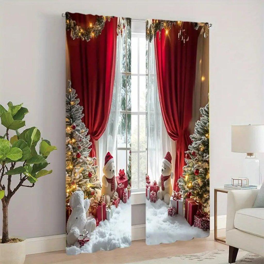 Красные рождественские праздничные шторы - полиэстеровые трикотажные тканые, полупрозрачные шторы с карманами для спальни и гостиной, праздничный Лан