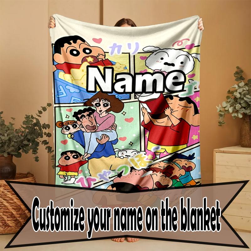 Custom Name Personalized Crayon Shin Print Blanket, Home Decor, Bedroom, Sofa, Camping, Couch, Gifts for Birthday Christmas
