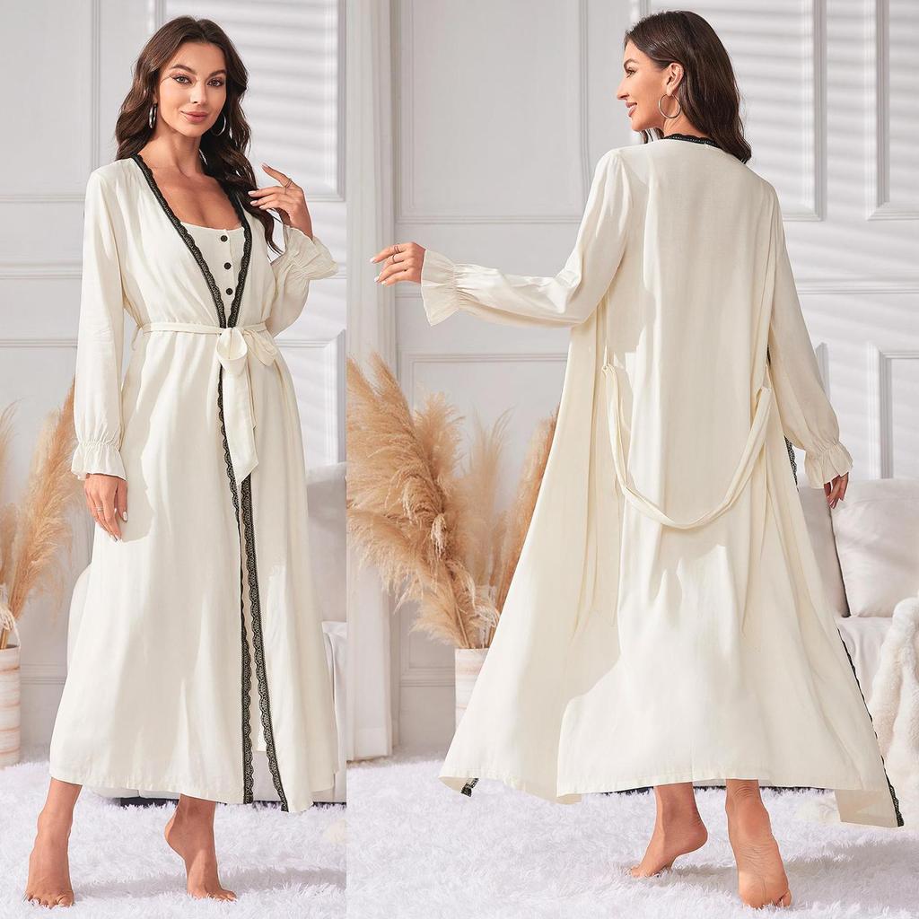 Женская ночная рубашка, комплект из 2 предметов, пижама, ночная рубашка на бретельках, кружевная отделка, халат с длинными рукавами, домашний повседневный халат после купания, одежда для сна